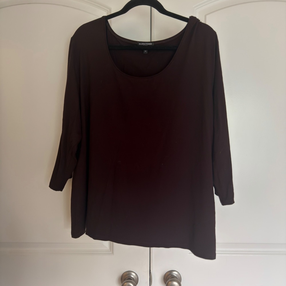 Eileen Fisher Woman Brown Scoop Neck Long Sleeve Jersey Top Plus Size 3X